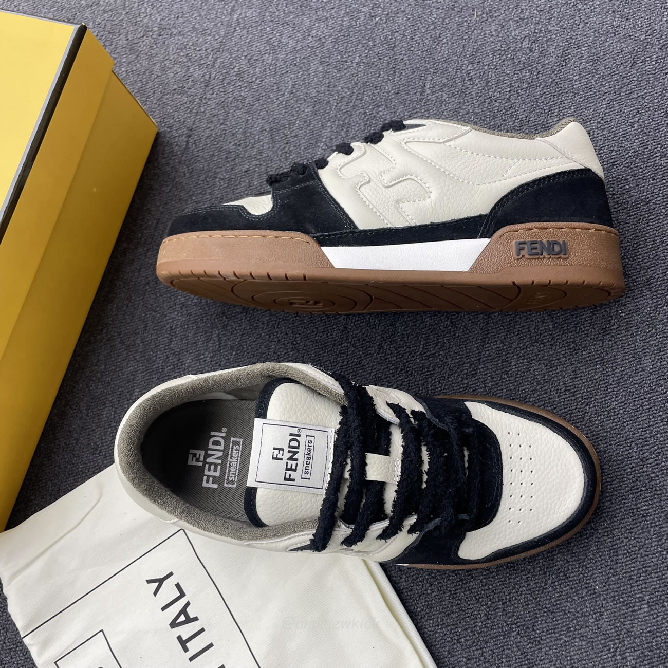 Fendi Match Cream Black White Suede And Leather Low Top Sneakers (6) - newkick.app